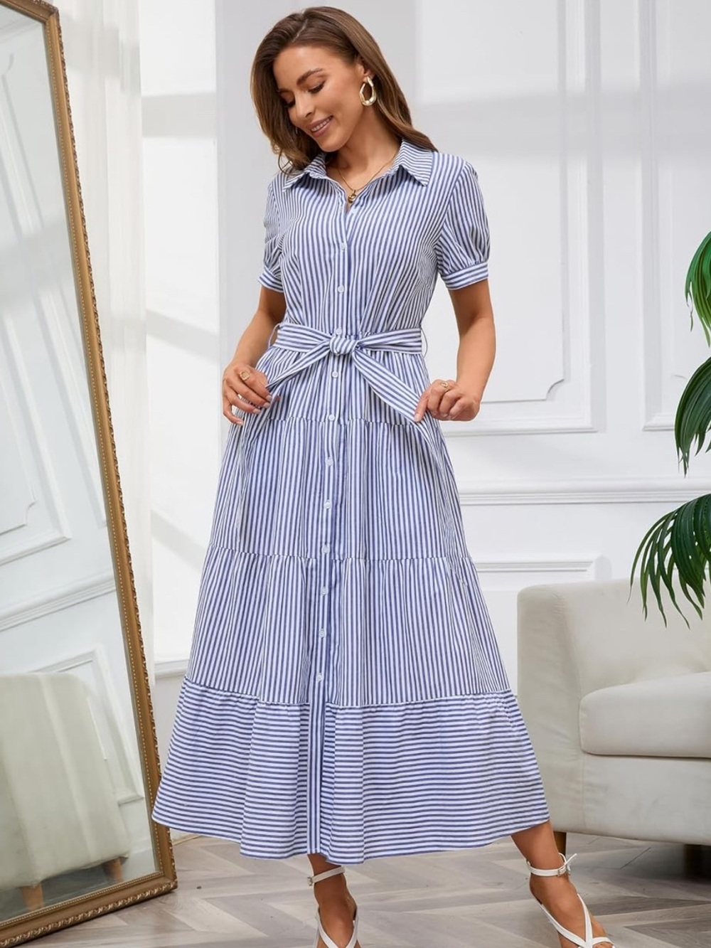 Blue and white striped button down summer maxi dress